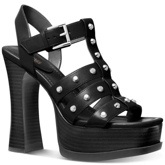 Michael Kors Jagger Platform Black Leather Studded Sandals Shoes Pumps Heels NEW - Picture 1 of 7